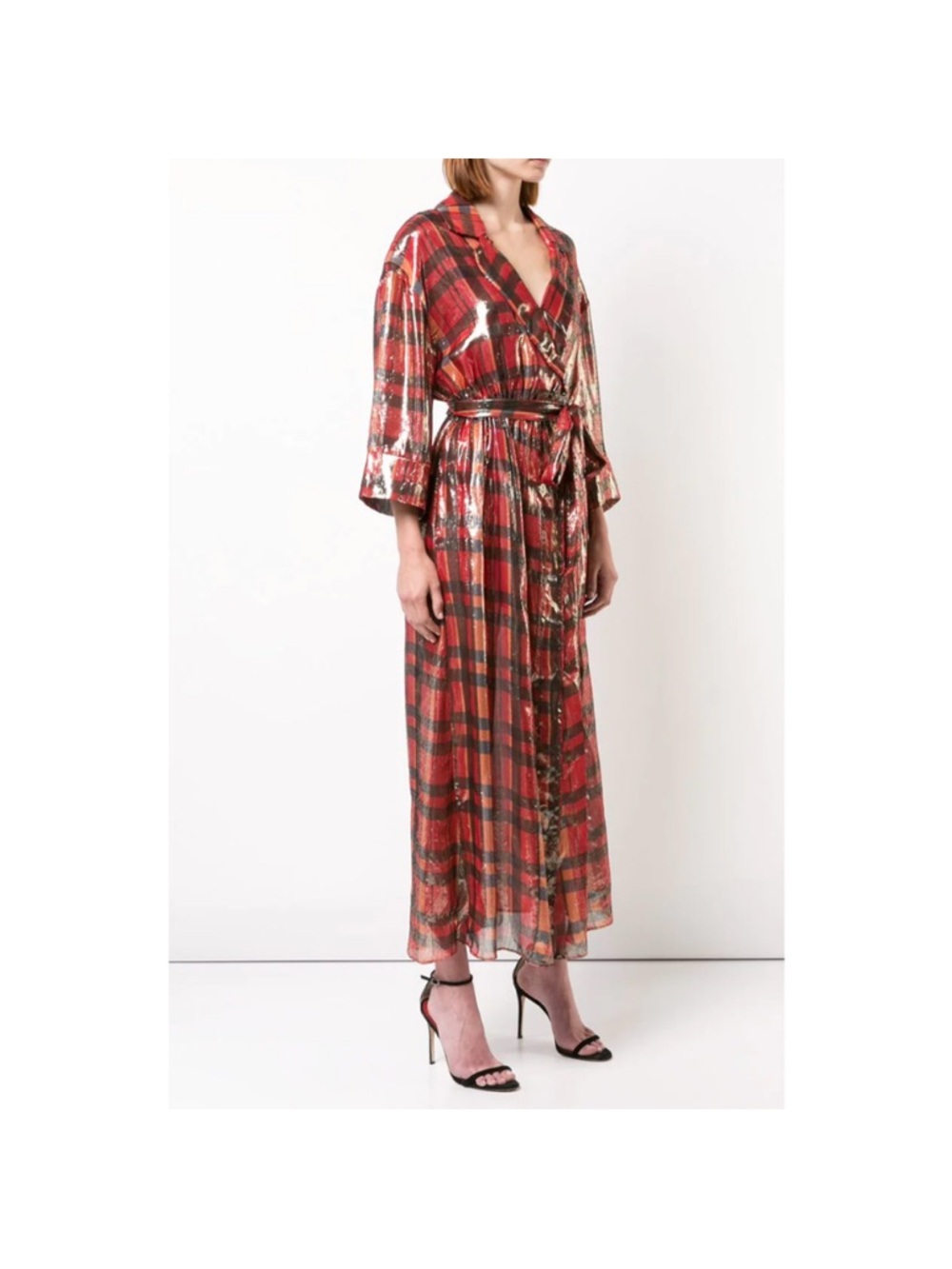 Alice + Olivia Metallic Red Plaid Sheer Metallic Wrap Dress